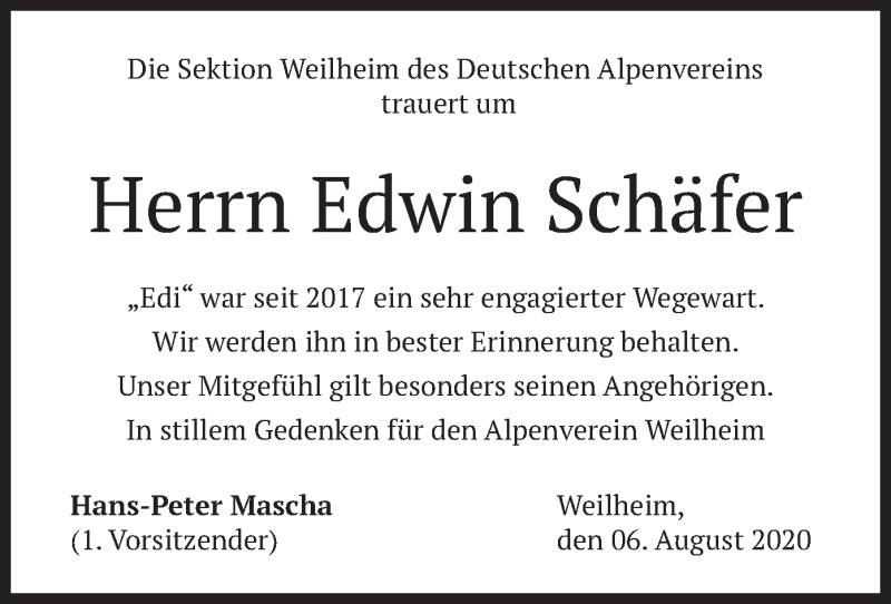  Traueranzeige für Edwin Schäfer vom 08.08.2020 aus merkurtz