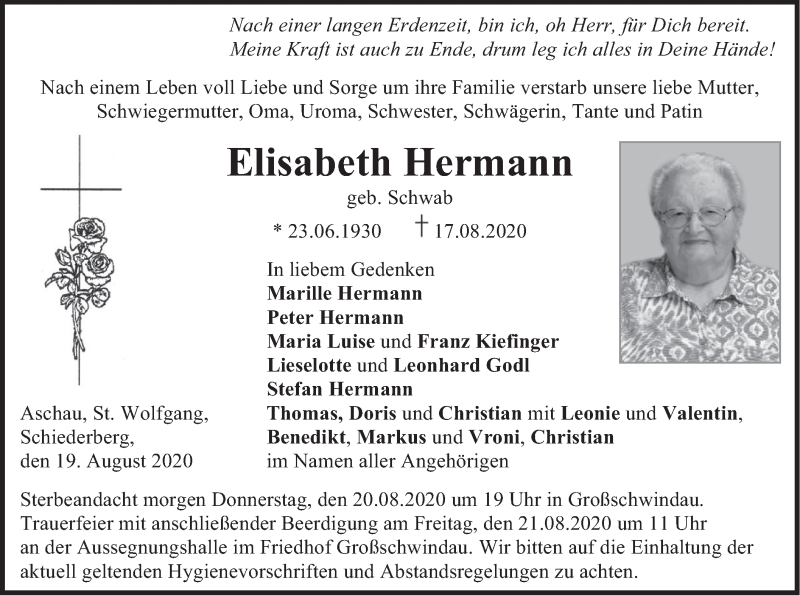 Traueranzeigen von Elisabeth Hermann | trauer.merkur.de