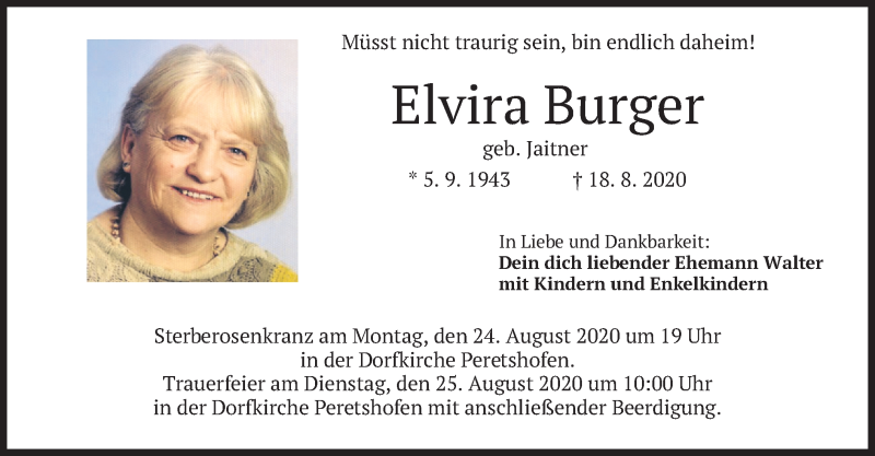  Traueranzeige für Elvira Burger vom 22.08.2020 aus merkurtz