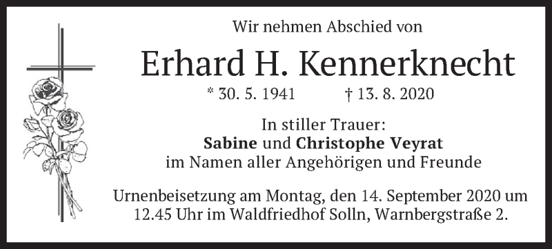  Traueranzeige für Erhard H. Kennerknecht vom 22.08.2020 aus merkurtz