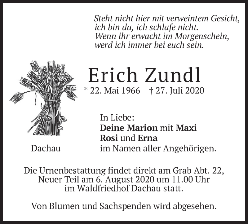  Traueranzeige für Erich Zundl vom 03.08.2020 aus merkurtz