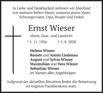 Traueranzeige von Ernst Wieser von merkurtz