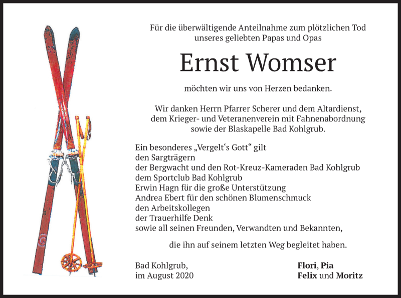  Traueranzeige für Ernst Womser vom 22.08.2020 aus merkurtz