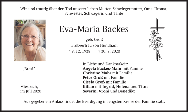  Traueranzeige für Eva-Maria Backes vom 04.08.2020 aus merkurtz