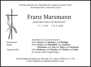 Traueranzeige von Franz Marsmann von merkurtz