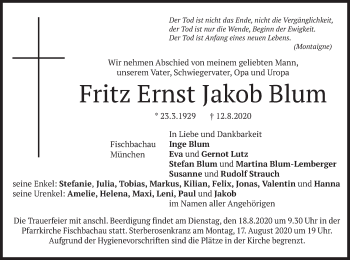 Traueranzeige von Fritz Ernst Jakob Blum von merkurtz