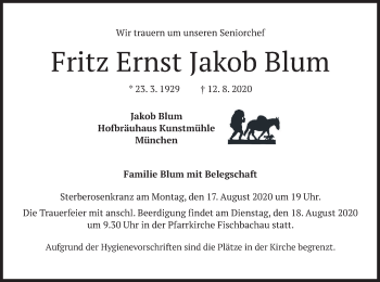 Traueranzeige von Fritz Ernst Jakob Blum von merkurtz