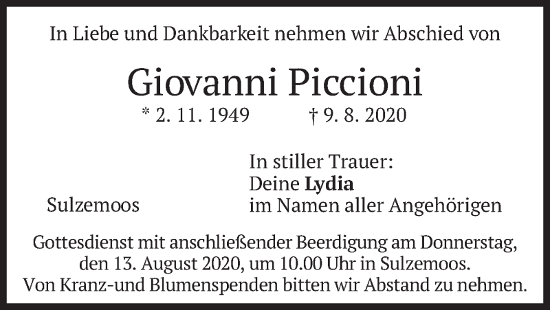  Traueranzeige für Giovanni Piccioni vom 11.08.2020 aus merkurtz