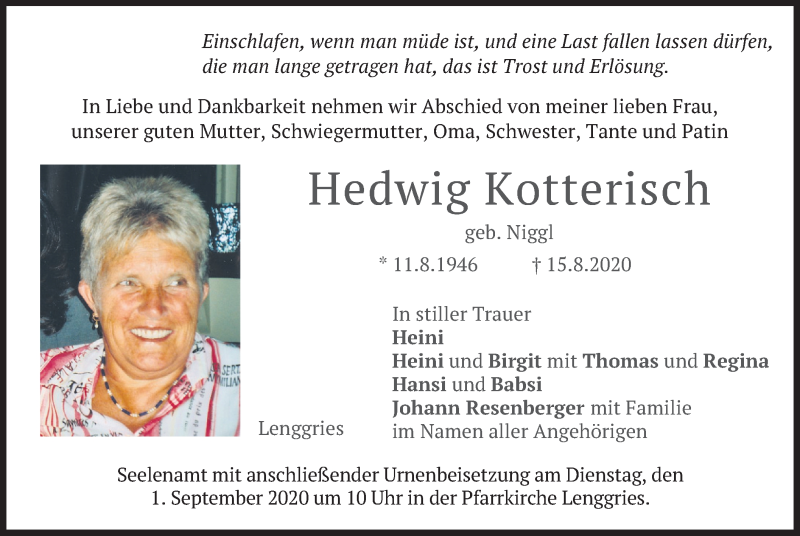  Traueranzeige für Hedwig Kotterisch vom 29.08.2020 aus merkurtz