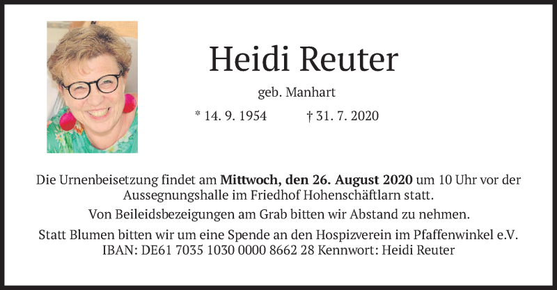  Traueranzeige für Heidi Reuter vom 19.08.2020 aus merkurtz