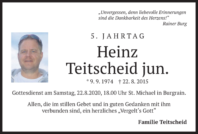  Traueranzeige für Heinz Teitscheid vom 14.08.2020 aus merkurtz