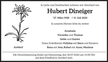 Traueranzeige von Hubert Dineiger von Das Gelbe Blatt Penzberg