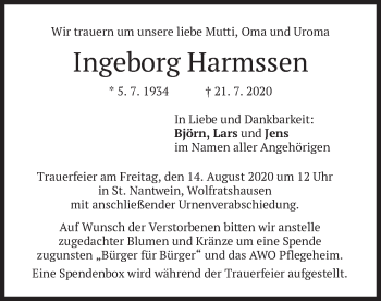 Traueranzeige von Ingeborg Harmssen von merkurtz