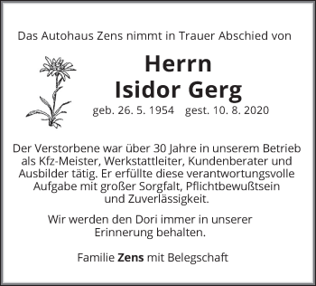 Traueranzeige von Isidor Gerg von merkurtz