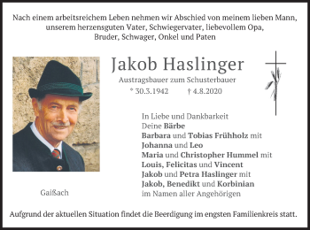 Traueranzeige von Jakob Haslinger von merkurtz
