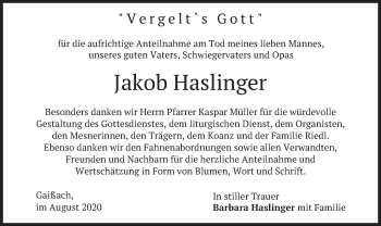 Traueranzeige von Jakob Haslinger von merkurtz