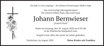 Traueranzeige von Johann Bernwieser von merkurtz