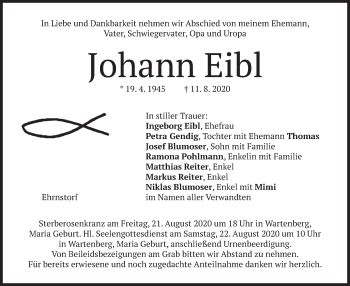 Traueranzeige von Johann Eibl von merkurtz