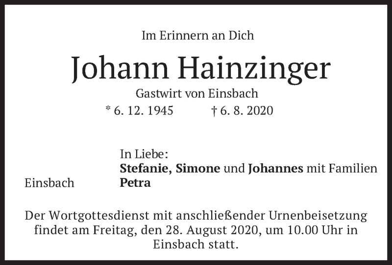  Traueranzeige für Johann Hainzinger vom 22.08.2020 aus merkurtz