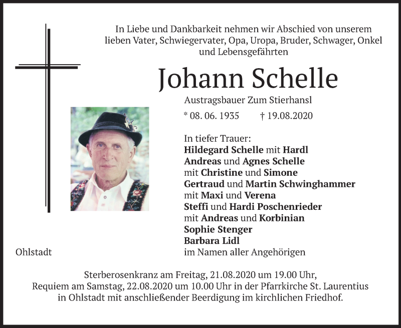  Traueranzeige für Johann Schelle vom 21.08.2020 aus merkurtz