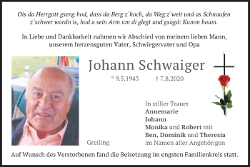 Traueranzeige von Johann Schwaiger von merkurtz
