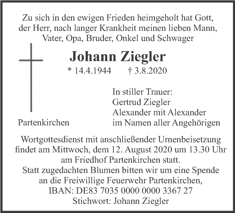  Traueranzeige für Johann Ziegler vom 08.08.2020 aus merkurtz