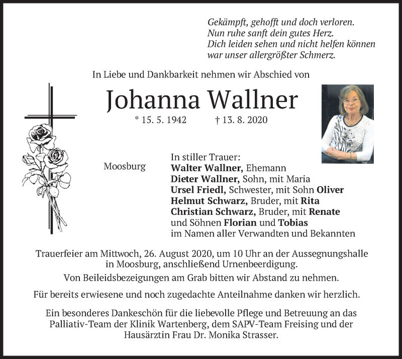  Traueranzeige für Johanna Wallner vom 22.08.2020 aus merkurtz