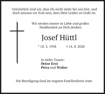 Traueranzeige von Josef Hüttl von merkurtz