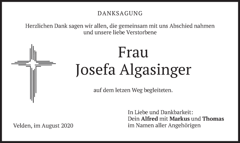  Traueranzeige für Josefa Algasinger vom 22.08.2020 aus merkurtz