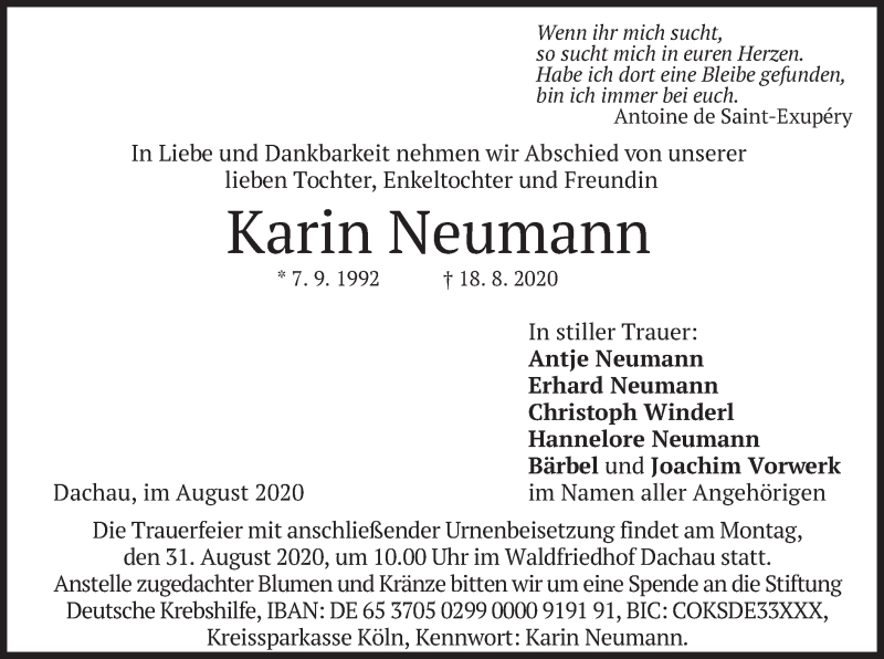  Traueranzeige für Karin Neumann vom 27.08.2020 aus merkurtz