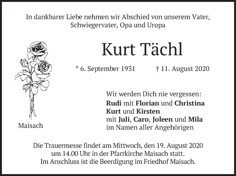  Traueranzeige für Kurt Tächl vom 17.08.2020 aus merkurtz