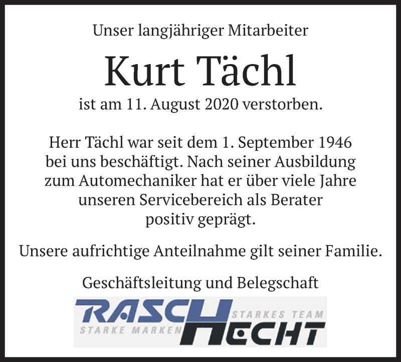  Traueranzeige für Kurt Tächl vom 17.08.2020 aus merkurtz