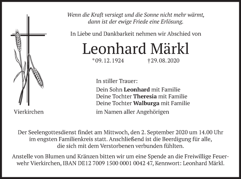  Traueranzeige für Leonhard Märkl vom 31.08.2020 aus merkurtz