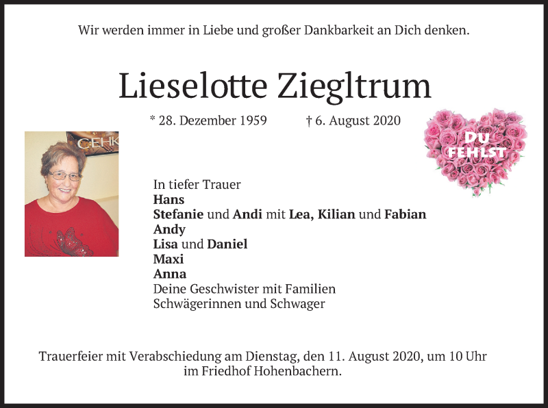  Traueranzeige für Lieselotte Ziegltrum vom 08.08.2020 aus merkurtz