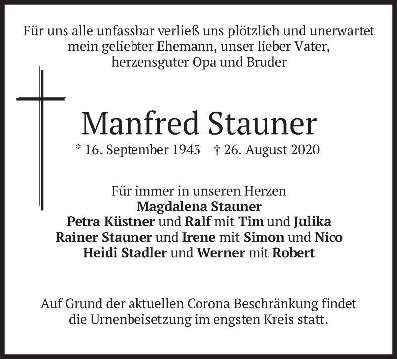  Traueranzeige für Manfred Stauner vom 29.08.2020 aus merkurtz