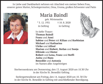 Traueranzeige von Maria Baindl von merkurtz
