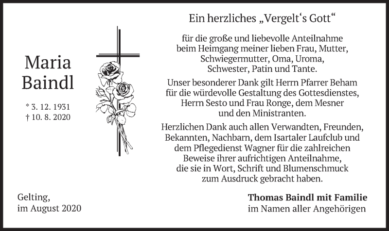  Traueranzeige für Maria Baindl vom 22.08.2020 aus merkurtz