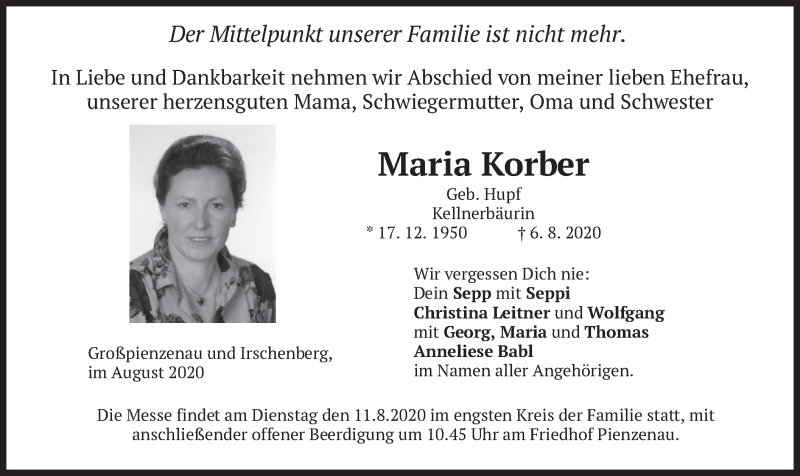  Traueranzeige für Maria Korber vom 08.08.2020 aus merkurtz