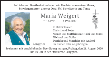 Traueranzeige von Maria Weigert von merkurtz