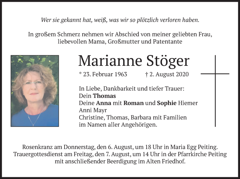 Traueranzeigen von Marianne Stöger | trauer.merkur.de