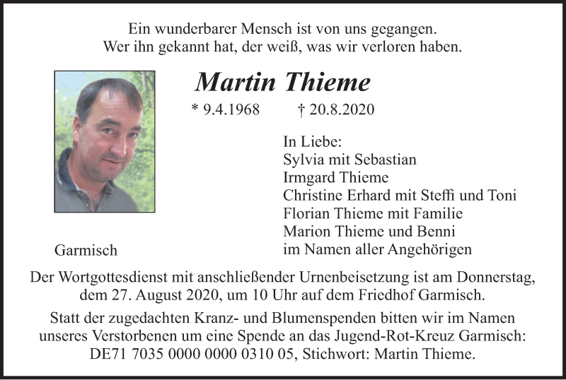  Traueranzeige für Martin Thieme vom 25.08.2020 aus merkurtz