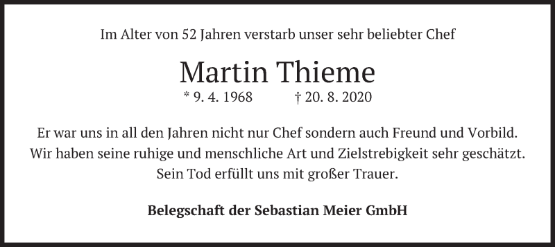  Traueranzeige für Martin Thieme vom 26.08.2020 aus merkurtz