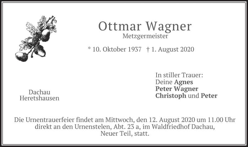  Traueranzeige für Ottmar Wagner vom 07.08.2020 aus merkurtz