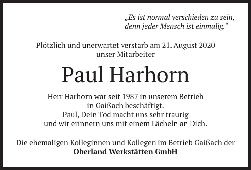  Traueranzeige für Paul Harhorn vom 28.08.2020 aus merkurtz