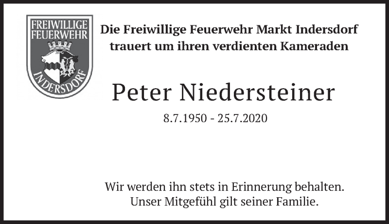  Traueranzeige für Peter Niedersteiner vom 20.08.2020 aus merkurtz