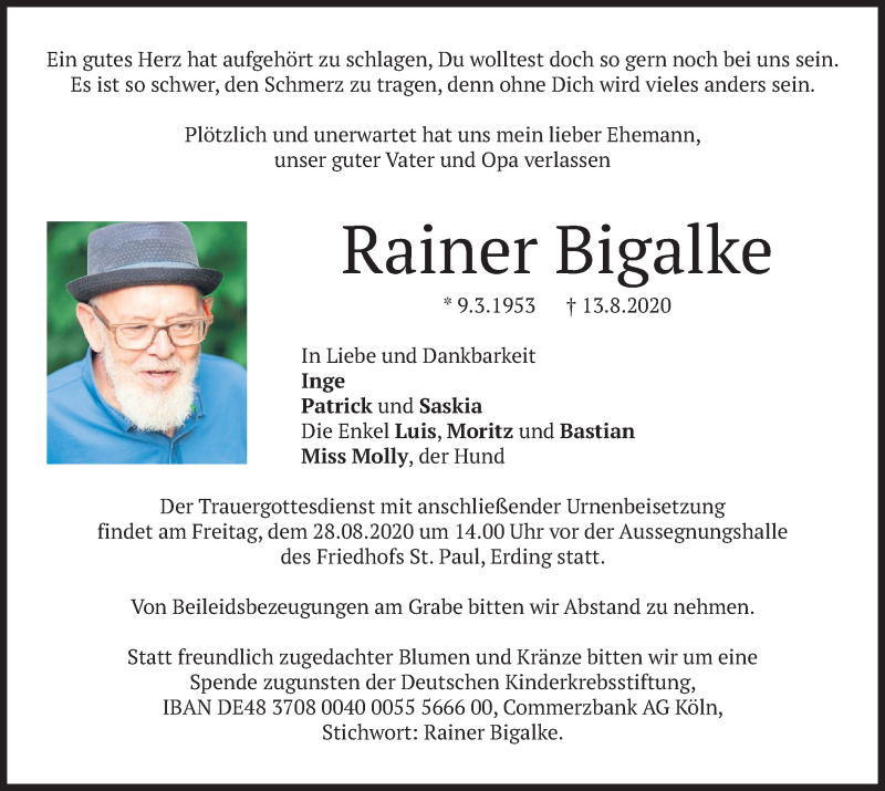  Traueranzeige für Rainer Bigalke vom 22.08.2020 aus merkurtz