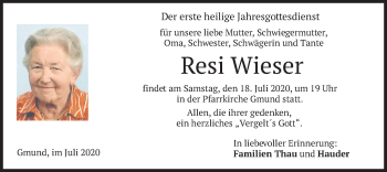 Traueranzeige von Resi Wieser von merkurtz