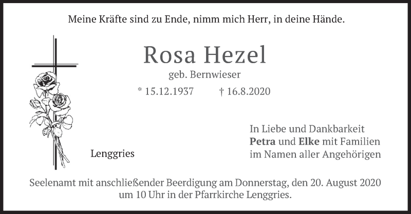  Traueranzeige für Rosa Hezel vom 18.08.2020 aus merkurtz