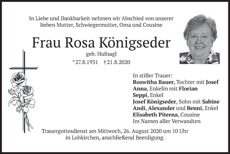  Traueranzeige für Rosa Königseder vom 24.08.2020 aus merkurtz