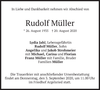 Traueranzeige von Rudolf Müller